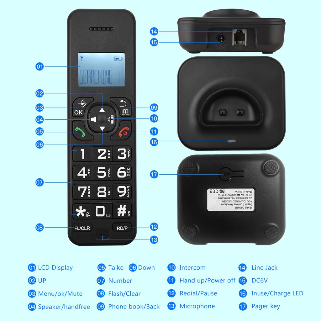 D1102B Cordless Phone with Answering Machine Caller IDCall Waiting 1.6 Inch Backlight LCD 3 Lines