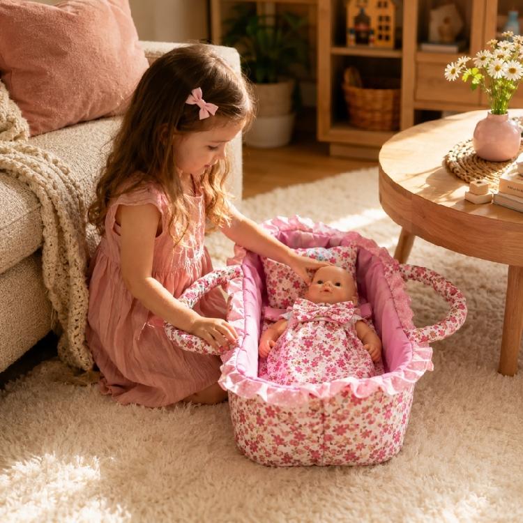 Doll Nursery Basket Bed With Pillow and Bedding, Fabric Pretend Play Cradle for 30cm Dolls and Display Roleplay Activity