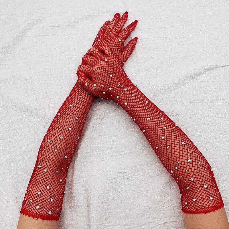 2 Pair Mesh Gloves Fishnet Crystal Rhinestone Long Full Finger Arm Opera Party Lace