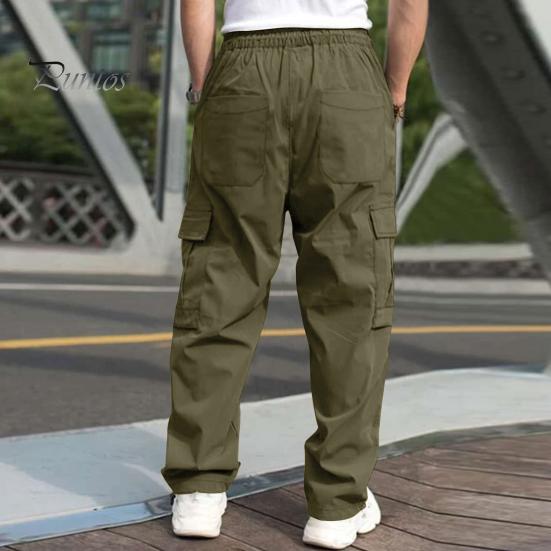 Men Cargo Pants Multi Pockets Drawstring Elastic Waist Solid Color Loose Wide Leg Straight Soft Streetwear Full Length Men Long