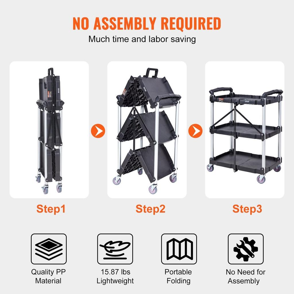 Foldable Utility Service Cart, 3 Shelf 165LBS Heavy Duty Plastic Rolling Cart with Lockable Wheels, Ergonomic Handle, Portable Garage Tool Cart for