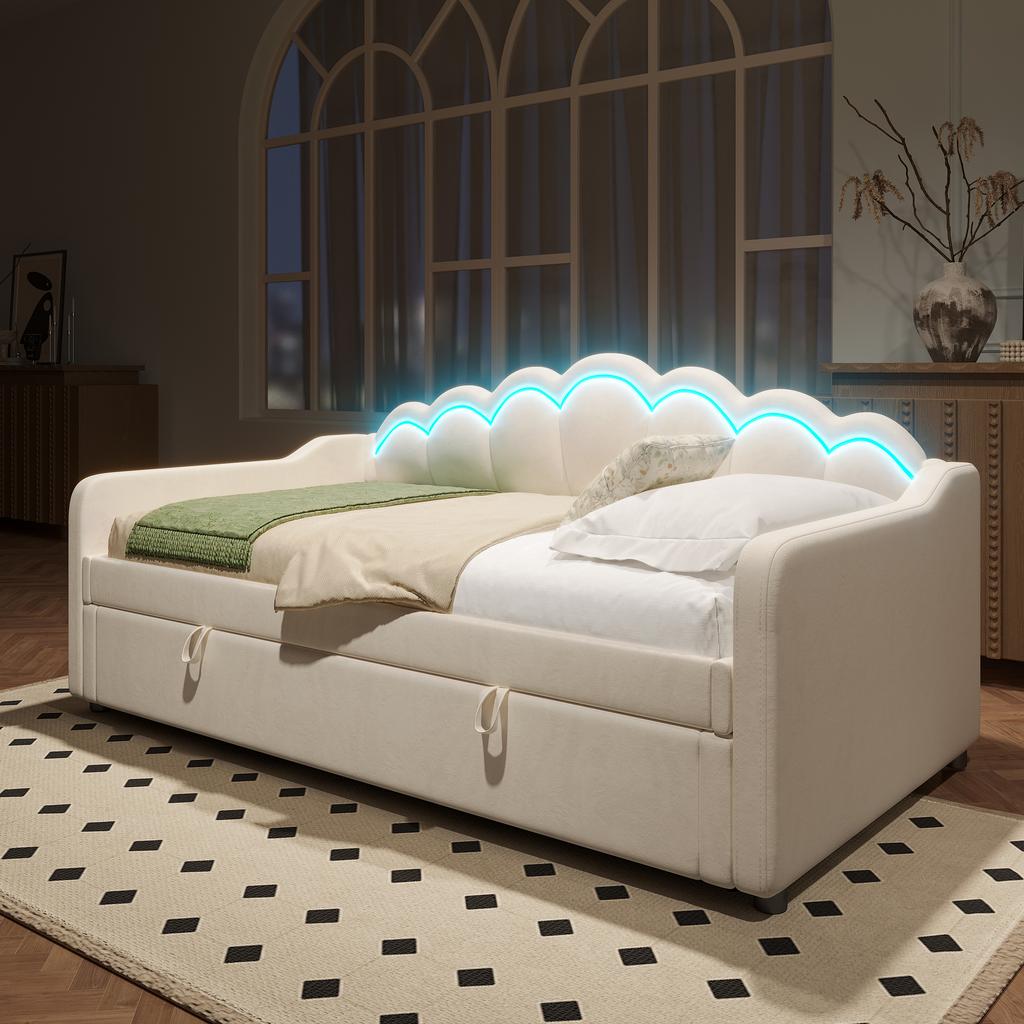 Day bed, sofa bed, hydraulic bed, with storage, single bed (without mattress), velvet, color-changing LED strip, 90x200cm, beige