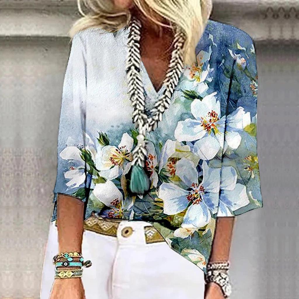 Женская рубашка, блузка, повседневные свободные рубашки, рукава 3/4, топы с v-образным вырезом и принтом, топы с принтом, футболки, футболки