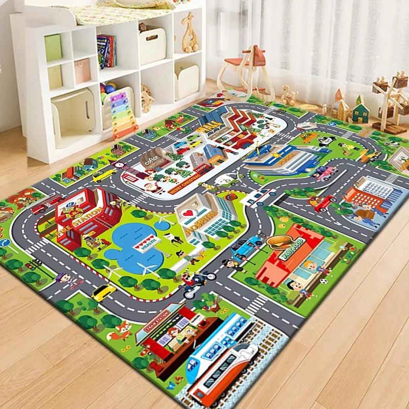 Colorful Kids City Map Play Mat Carpet Road Traffic Adventure Area Rug for Children's Playroom Bedroom Educational Toy Game Mat