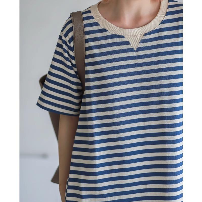 Летнее платье-футболка в полоску с короткими рукавами, женское свободное тонкое платье-футболка длиной выше колена