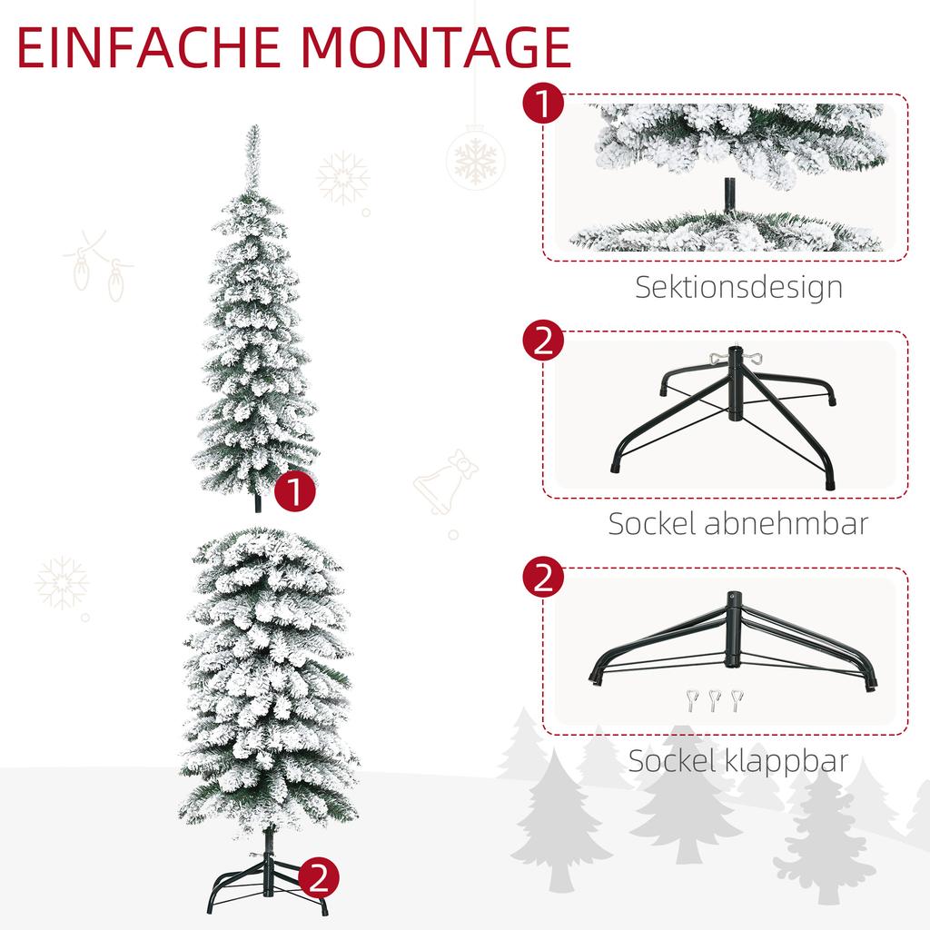 Artificial Christmas Tree Snow Covered Slim Design Fireproof 180 Cm Green White