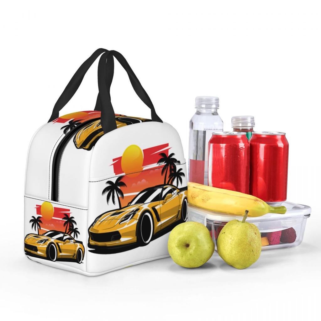 Yellow Corvette Z06 Sunset Palms Insulated Lunch Bag for Kids Cooler Thermal Food Box Tote Leakproof Lunch Boxes Container
