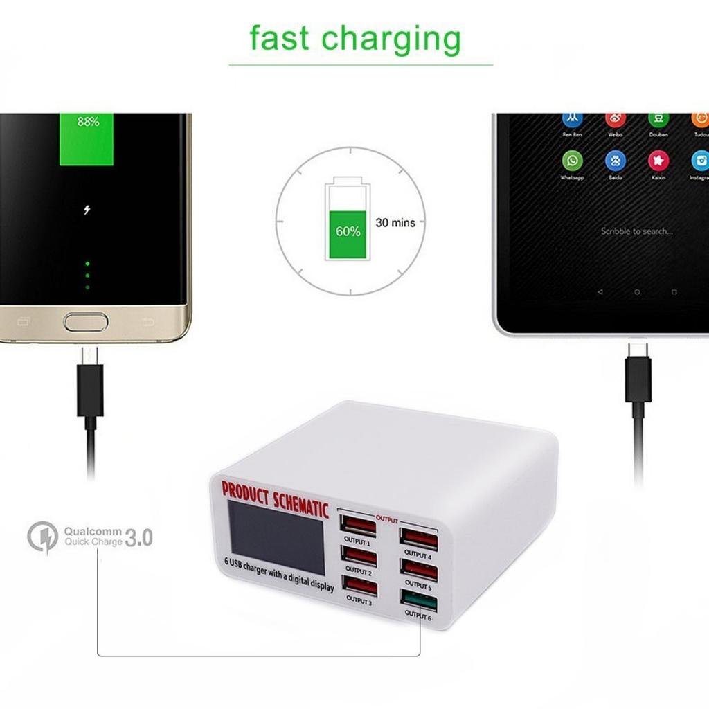 6-портовый USB-хаб Быстрая зарядка 6 портов Многопортовая зарядная станция Светодиодный дисплей Для смартфонов
