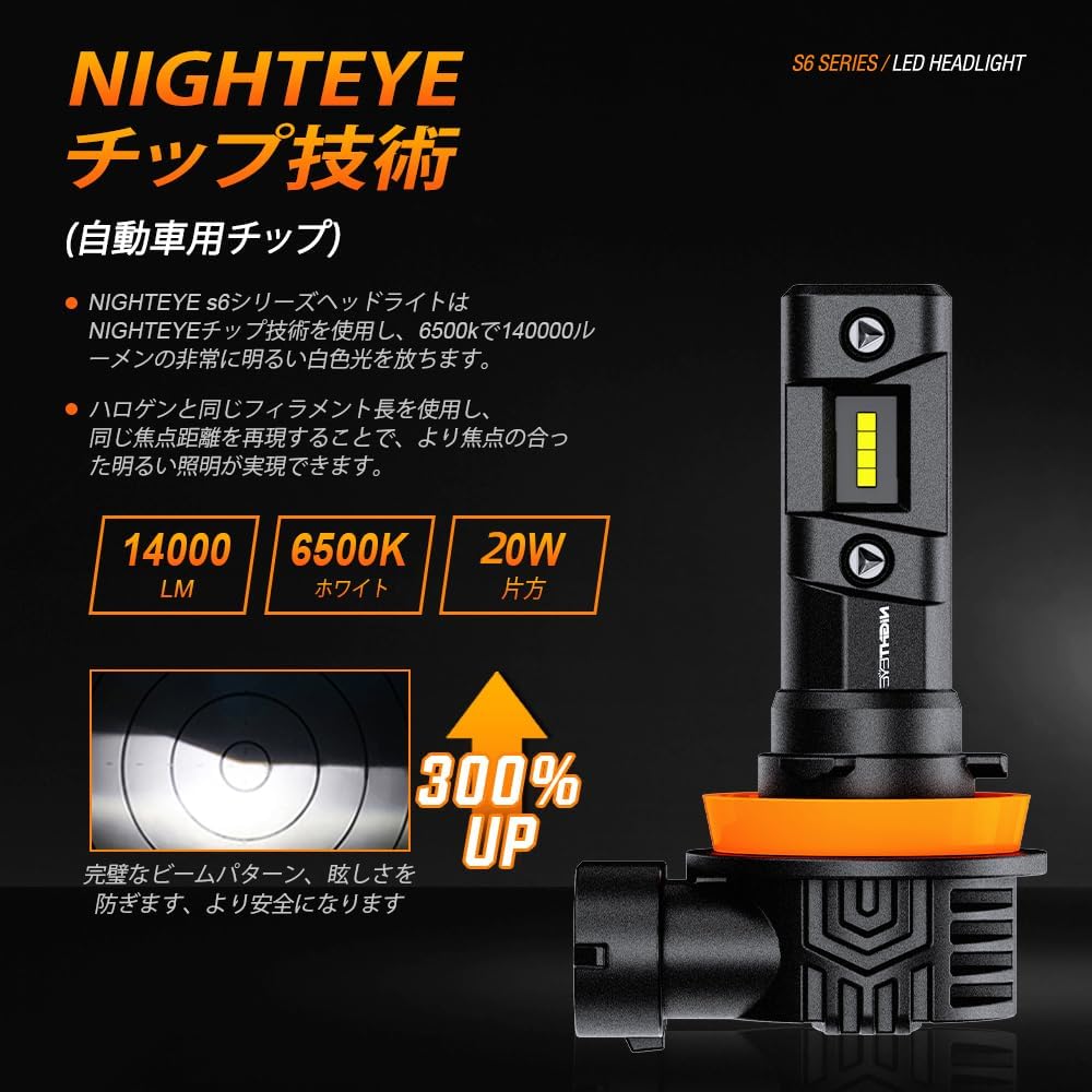 NIGHTEYE H11 Фара, LED H8, Совместима с техосмотром, Светодиодная фара без вентилятора, Hi/Lo, Взрывная