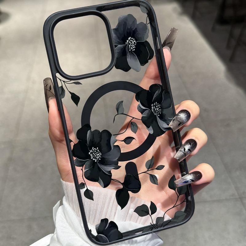 Black floral pattern phone case suitable for iPhone 17 16 15 14 13 12 11 Pro/Max/Plus anti drop and shockproof back cover