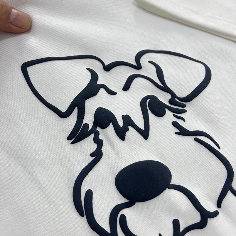 Women's White Round Neck Puppy Print T-Shirt - Short Sleeve, Loose, Versatile, Slimming Top for Spring/Summer