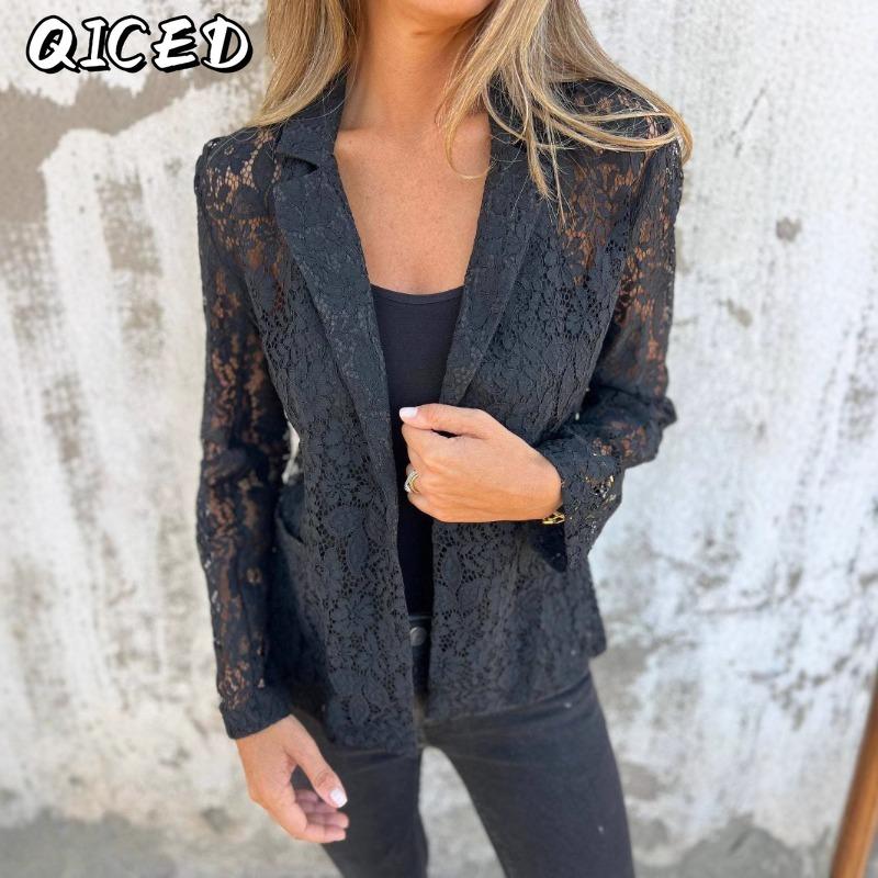 QICED Женские винтажные повседневные однотонные куртки и пальто с воротником-поло с длинными рукавами и осенне-зимним принтом