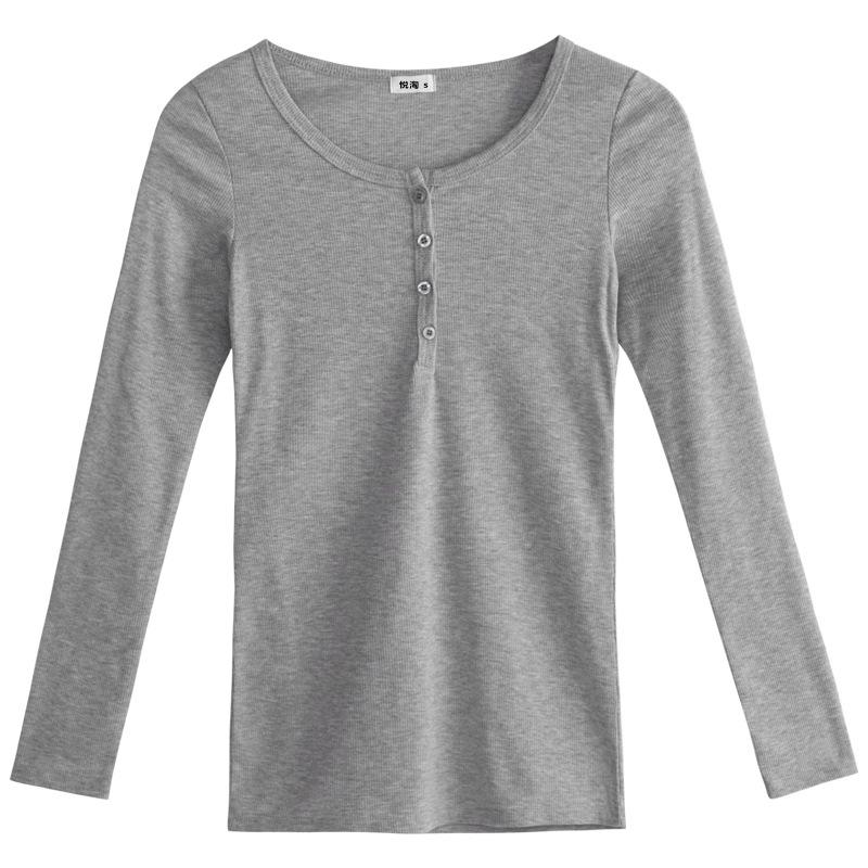 Threaded Cotton Autumn and Winter Women's Base Shirt Button Top Long Sleeve T-shirt All-match Inner Slim and Slim Autumn Clothes
