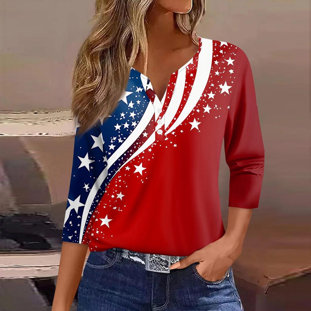 Жен. Футболка С принтом Пуговицы Рукав 3/4 Повседневные Выходные Мода Классический Классический V-образный вырез Обычный Верх