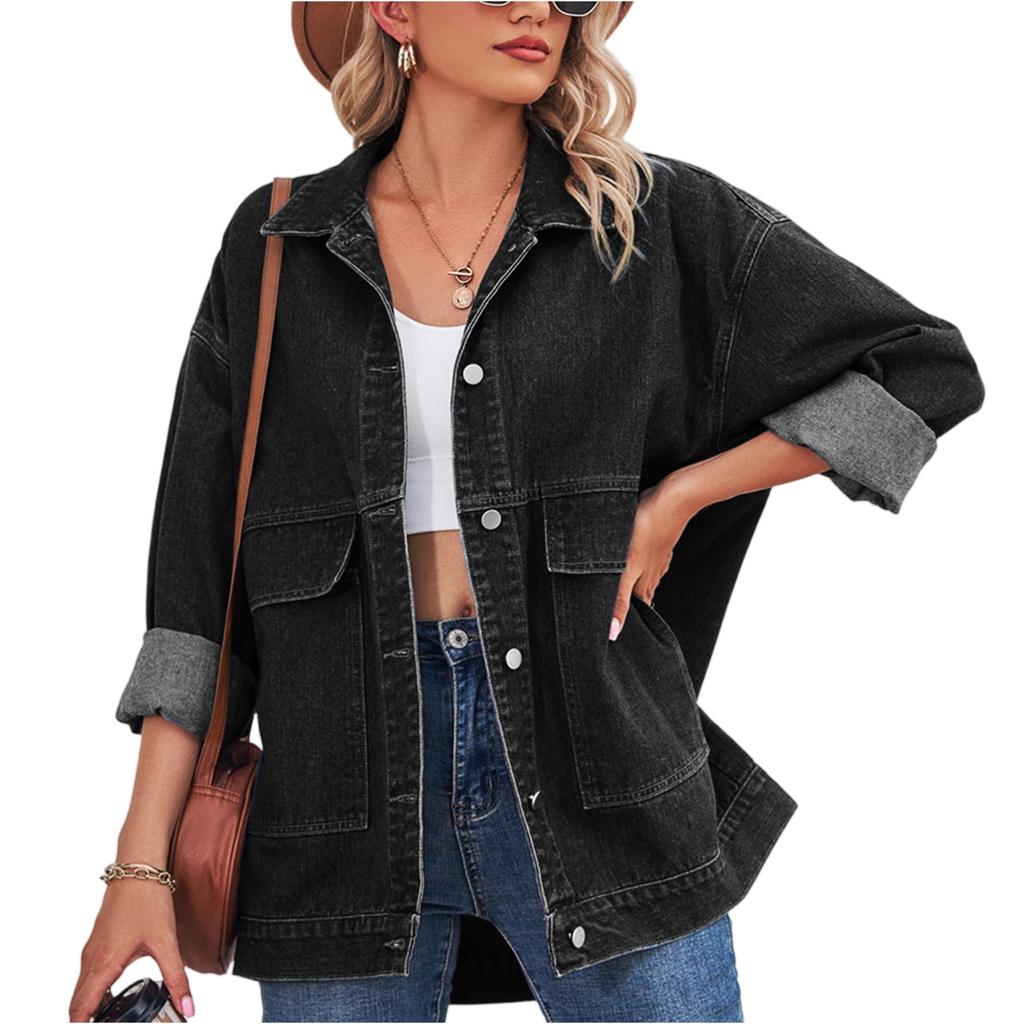 Women's Fashionable Versatile Classic Retro Solid Color Lapel Long Sleeved Pocket Loose Denim Jacket