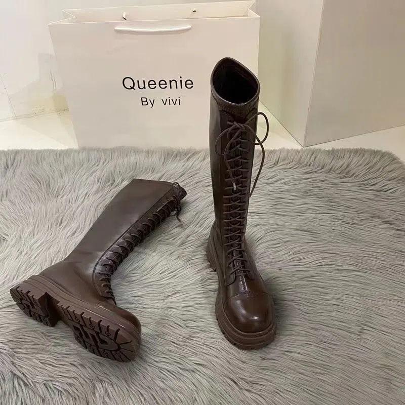 Thick-soled White Long Boots Women's Shoes 2025 New Martin Boots Women's Brown Autumn and Winter Long Knight Boots Ins Tide