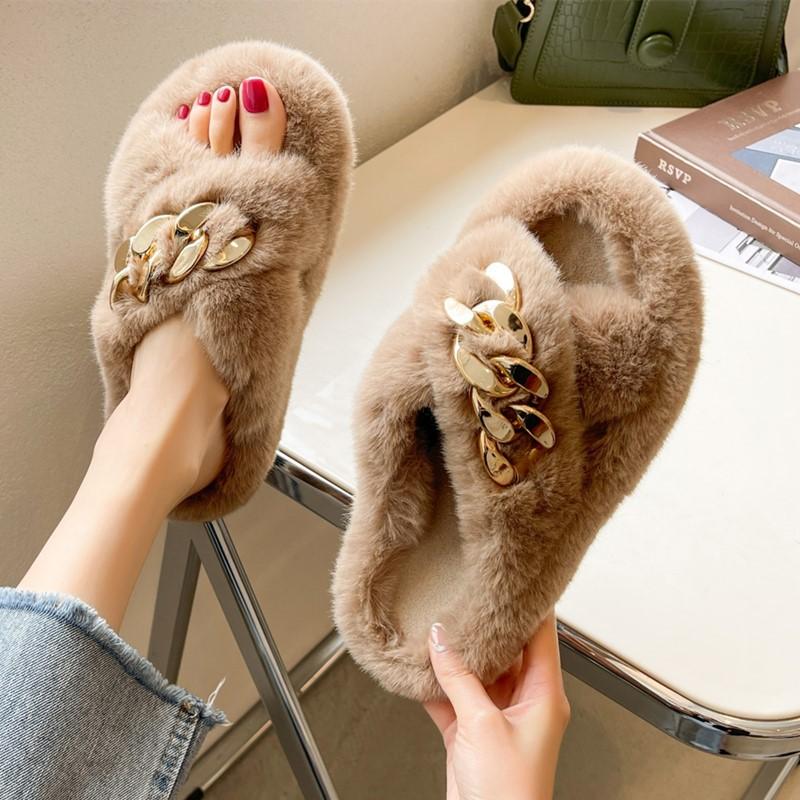Popular Mao Mao Slippers Women's Outer Wear Chain Thick Bottom Increases Height Spring and Summer Fashion Going Out Plush Cross Autumn and Winter