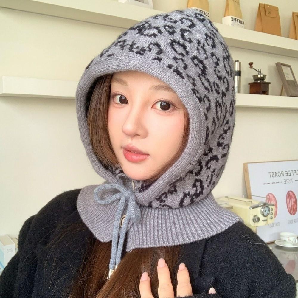 Warm Balaclava Hat Leopard Print Knitted Hooded Cap Fashion Ear Protection Hat Winter/Autumn