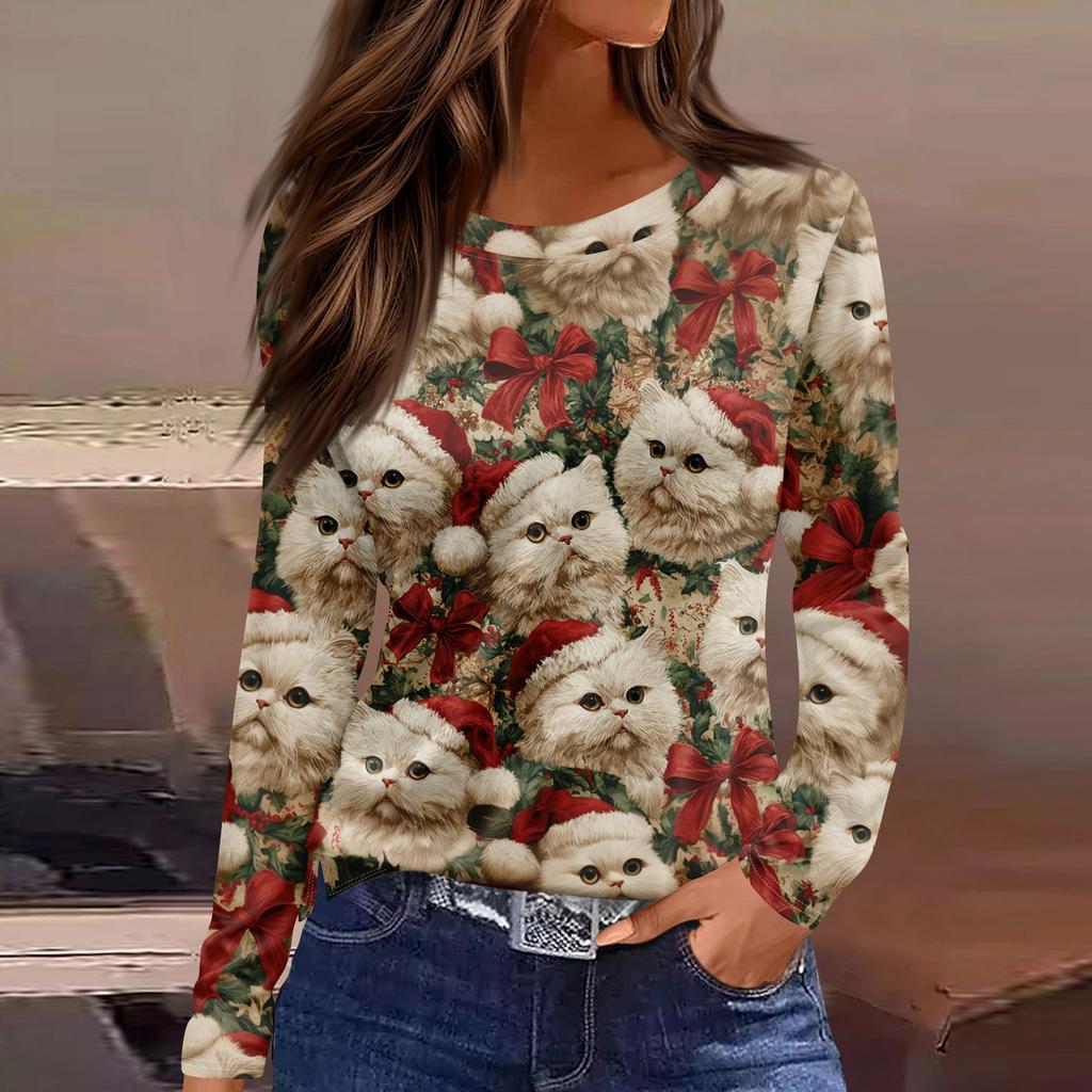 Женская модная повседневная свободная футболка с разрезом и круглым вырезом с длинным рукавом с принтом, женский топ