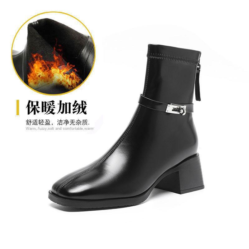 Короткие сапоги на высоком каблуке женские новые осенне-зимние сапоги 2024 года на толстом каблуке женские тонкие модные сапоги средней высоты коричневые французские короткие сапоги