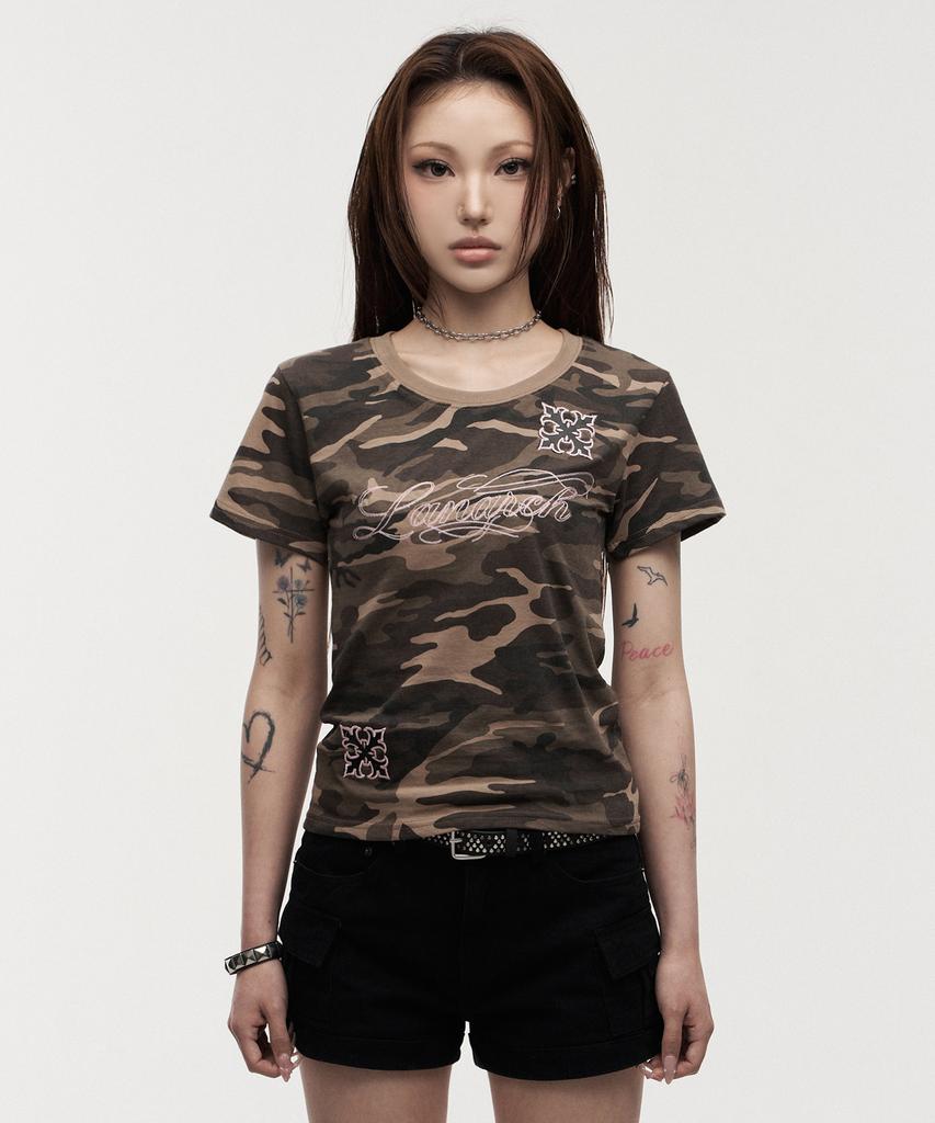 LANARCHIVE [0143] Camo Chain Embroidery Women'S Short Sleeve T-Shirt - Camo