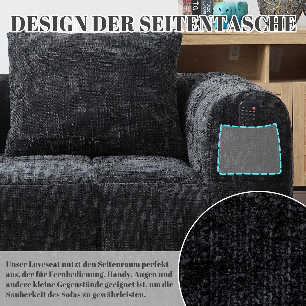 Comfortable Sofa for 2 People, No Assembly Required, Fluffy Sofa with One Cushion, Side Pockets for Remote Control and Phone, Neat and Stylish, Black