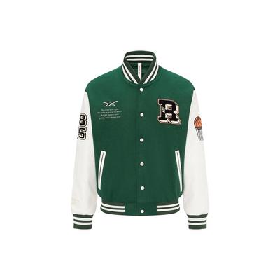 Reebok Теплая однобортная куртка свободного покроя из хлопка с надписью «Письмо» в стиле ретро, спортивная, с воротником-стойкой, унисекс, темно-зеленого цвета 23FRC251UGL1