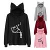 Women Fall Winter Hoodie with Big Pocket Cat Ear Decor Kitty Printing Hooded Full Sleeves Loose Pullover Home School Sport Top