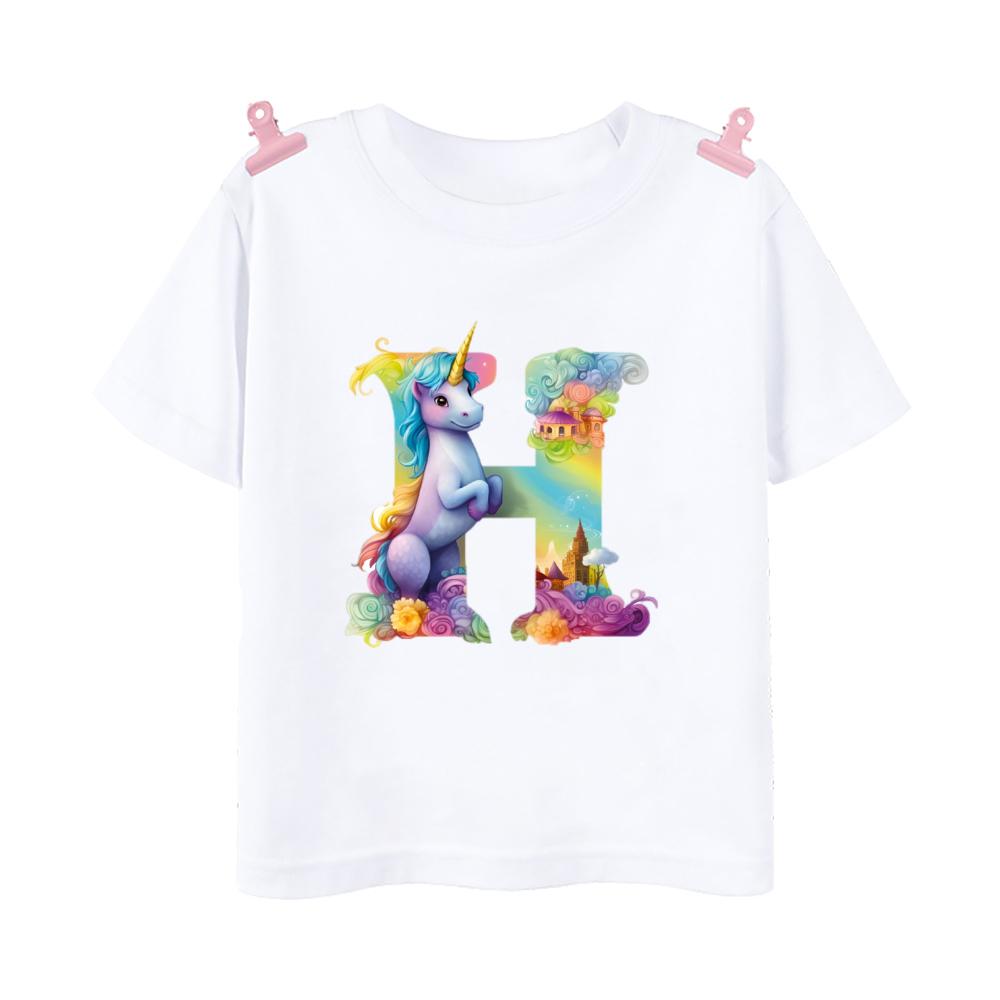 Футболка с принтом Unicorn Rainbow Initial AZ для детей, летняя футболка для мальчиков и девочек, топы с коротким рукавом, милая одежда для малышей, футболка