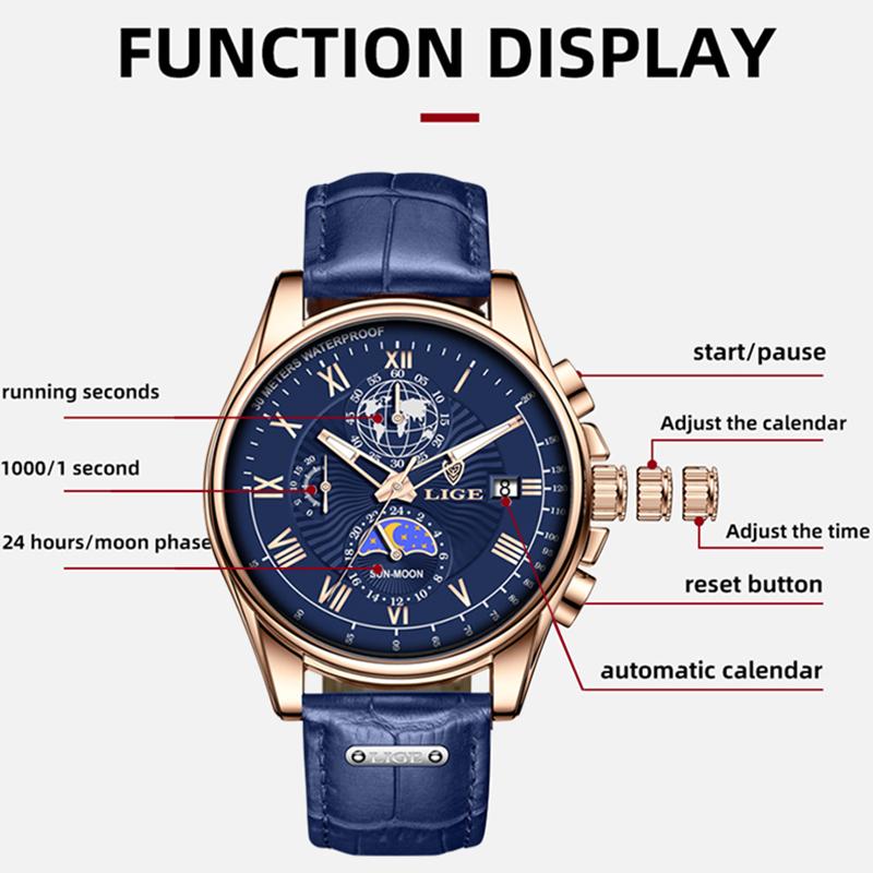 LIGE New Blue Leather Mens Watches Top Brand Luxury Waterproof Watch For Men Sport Date Quartz Wristwatch Relogio Masculino