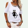 Женская модная футболка с открытыми плечами, летняя повседневная футболка с коротким рукавом, топ с круглым вырезом и принтом кота, пуловер, женская футболка