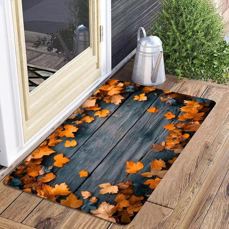 3D Moss Stone Brick Entrance Front Door Mat Retro Wooden Board Maple Leaf Anti Slip Outdoor Mat Living Room Entrance Carpet