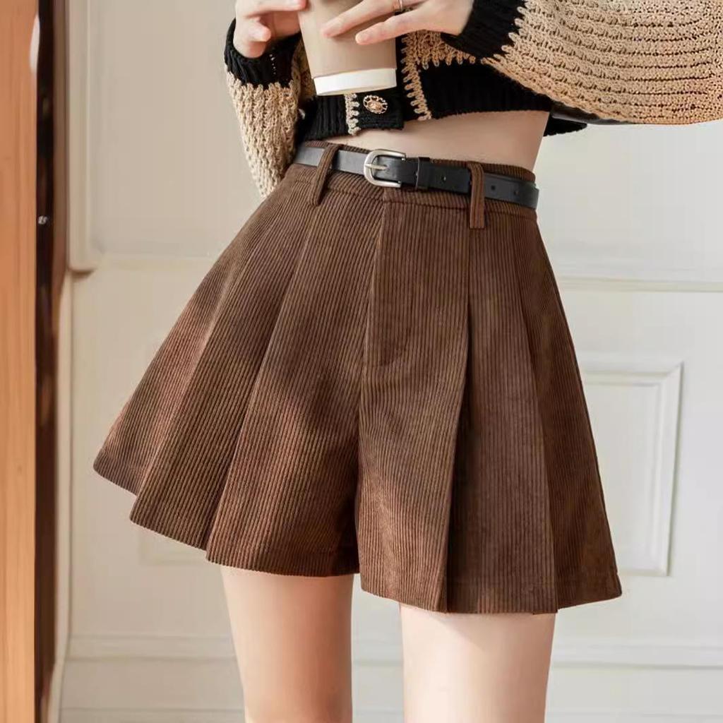 Женские вельветовые кюлоты А-силуэта с плиссировкой и высокой талией, зимние шорты 2024