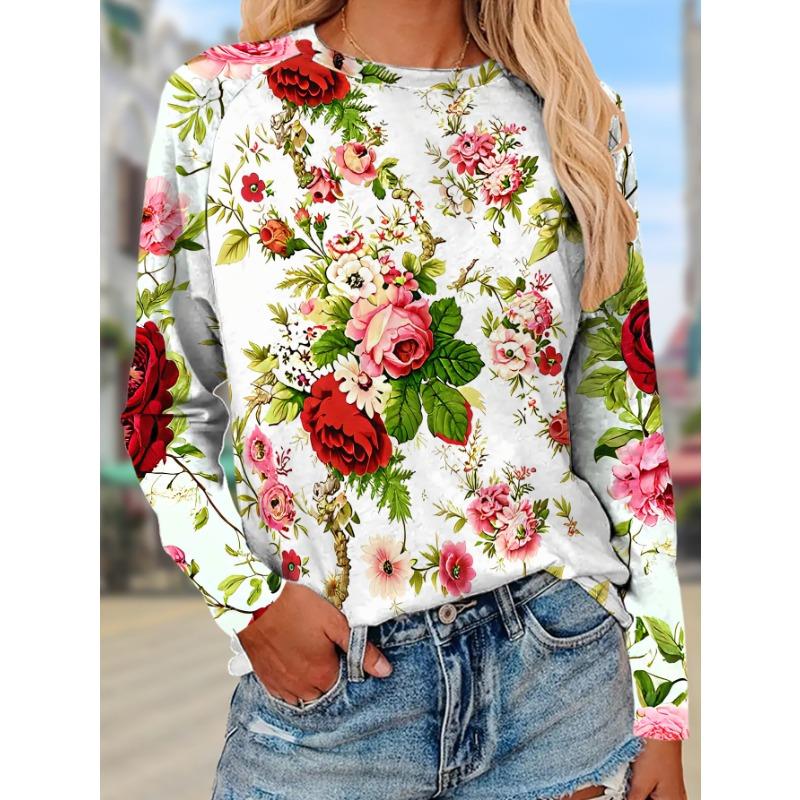Women's long-sleeved T-shirt with retro floral print pattern, polyester fabric, casual and versatile top