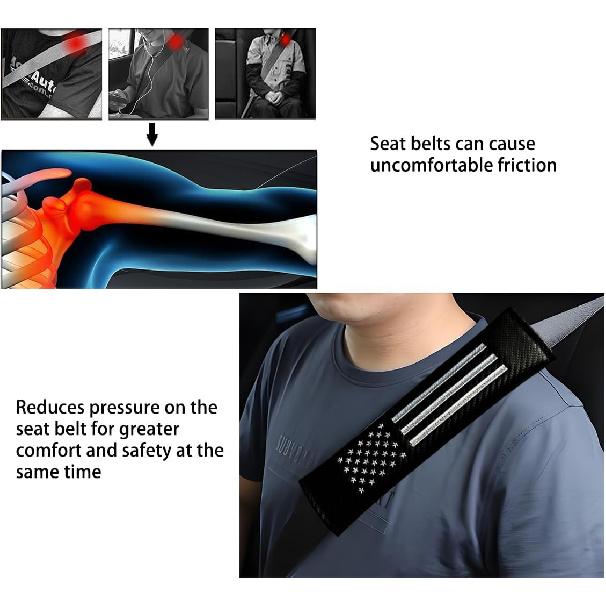 2PCS Car Seat Belt Covers Shoulder Pads For American USA Flag, Carbon Fiber Car Seat Belt Pads Safety Belt Cover Pad, American Flag Decoration