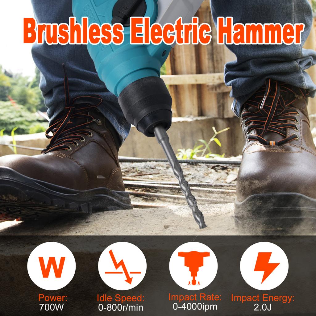 Электрический молоток 700 Вт 4000 дюймов в минуту 2,0 Дж Бесщеточный аккумуляторный молоток с переключением прямого и обратного вращения