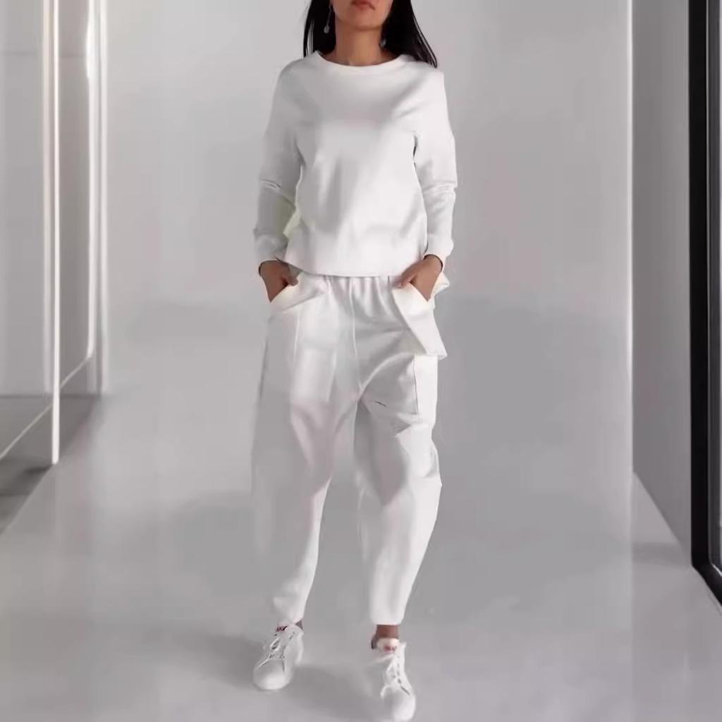 Spring and Autumn Women's Long Sleeve Top Fashion Tie Multi-Pocket Trend Sports Solid Colour Casual Pant Suit