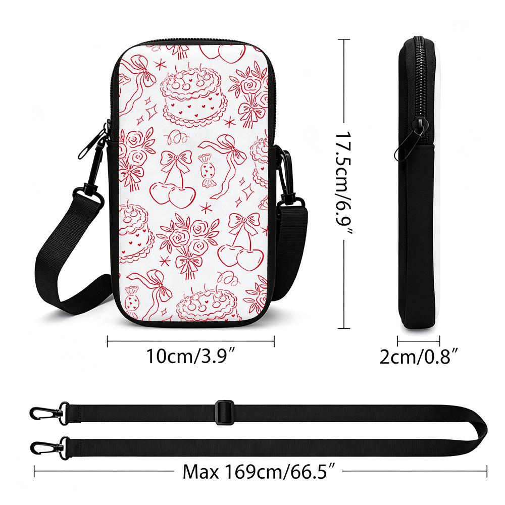 Red Cherry Cake Ribbon Print Crossbody Phone Bag, Festive Aesthetic Floral Bow Cell Phone Purse, Christmas Party Gift Small Shoulder Bag for Women Gir
