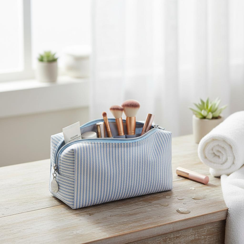 Striped Embroidered Travel Cosmetic Bag Portable Toiletry Organizer for Women Makeup Storage Pouch