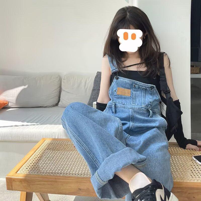 Vintage Denim Jumpsuit For Women Spring Autumn Casual Loose Overalls Female Straight Pants Large Size Suspender Jeans