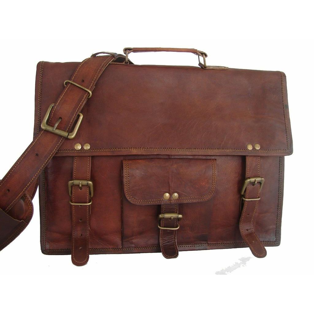 New Brown Genuine Vintage Goat Leather Laptop Messenger Briefcase Satchel Bag