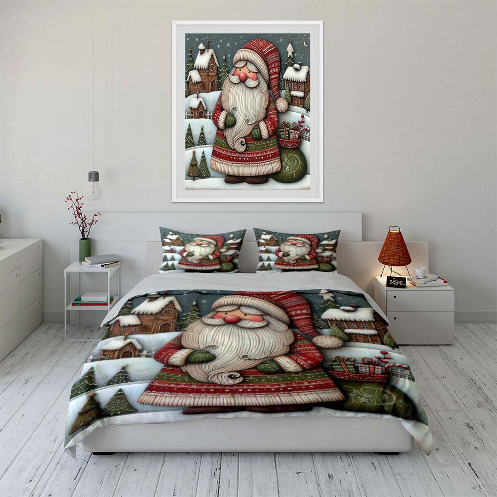 Christmas Santa in Snowy Village Bedding Duvet Cover Set (1*Duvet Cover 2*Pillowcases, without duvet insert)