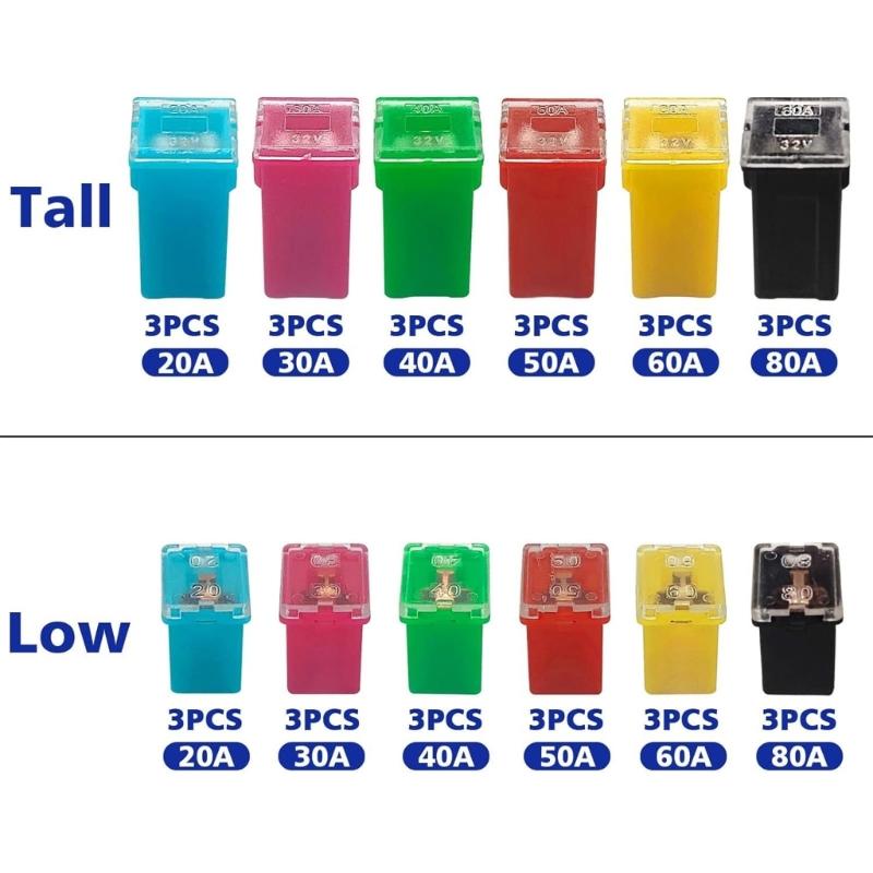 36Pcs Low and Tall/Standard Profiles Box Shape Fuses 20A 30 40 50A 60A 80A Car Cartridge Fuses for Trucks Car
