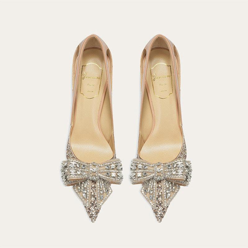Модные Однобортные Туфли из Овчины Для Женщин 2025 Все Новые Бриллиантовые Бант Французские Высокие Каблуки Для Женщин Шпилька Свадебные Туфли