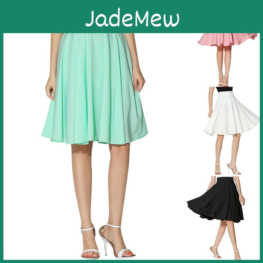 Flared Retro Solid Casual Women Knee Length Pleated Midi Work Skirt