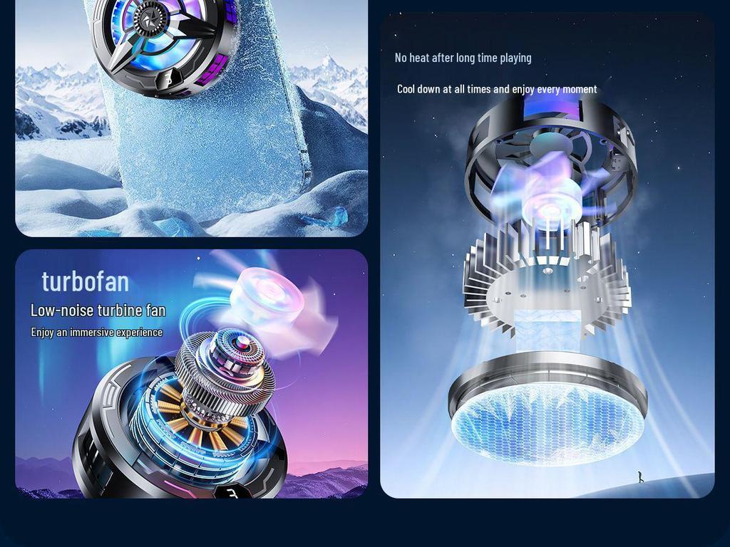 Магнитный кулер для мобильного телефона с бесшумным двухъядерным полупроводником для киберспорта и игрового стриминга. Включает конструкцию без льда и VGA-кабель.