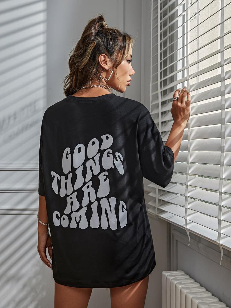 Good Things Are Coming Slogan Letter Printing T-Shirt Women Cotton Clothing O-Neck Breathable Short Sleeve Loose Oversize Tops