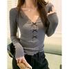 Korean Gray V-neck Lace Knitted Bottoming Shirt for Women In Autumn and Winter Long-sleeved Right Shoulder Tight Inner with Unique T-shirt Top