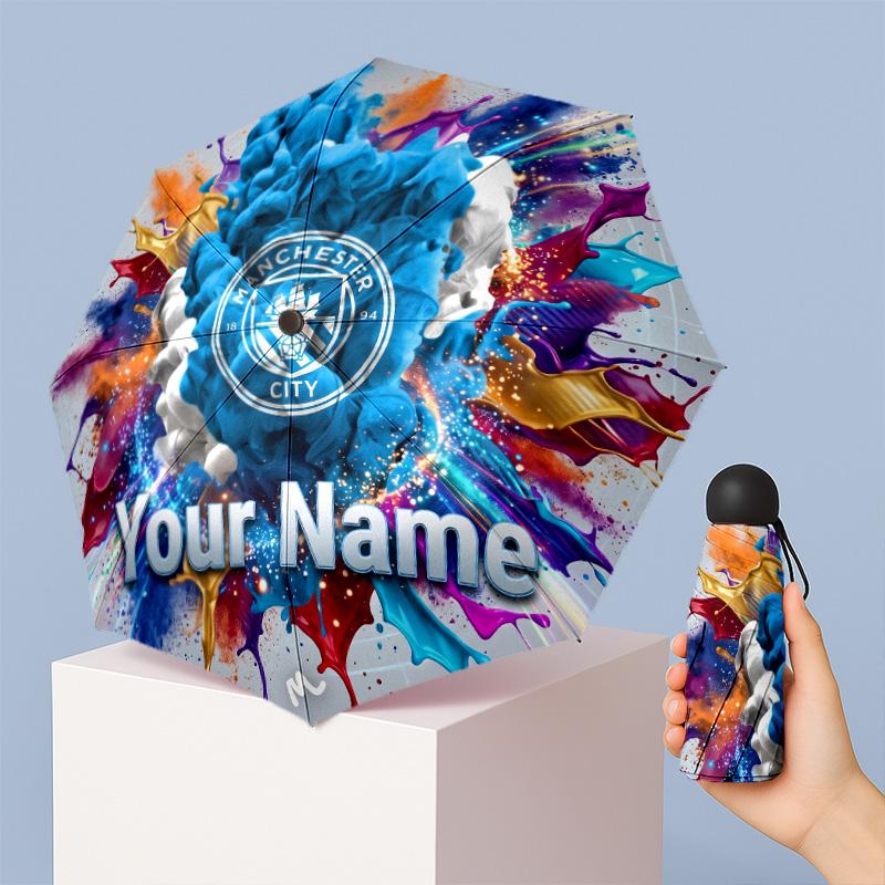 Manchester City Manual Five Fold 8 Rib Umbrella Support Custom Text, Lightweight Travel Umbrella