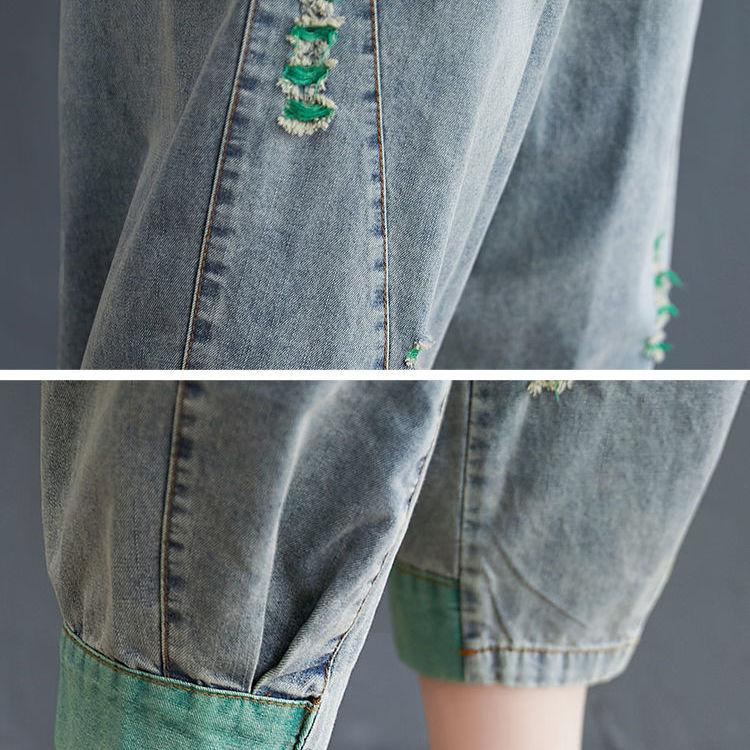 WTEMPO Женские джинсы с эластичной резинкой на талии и рваными отверстиями, свободные джинсы больших размеров, тонкие укороченные брюки